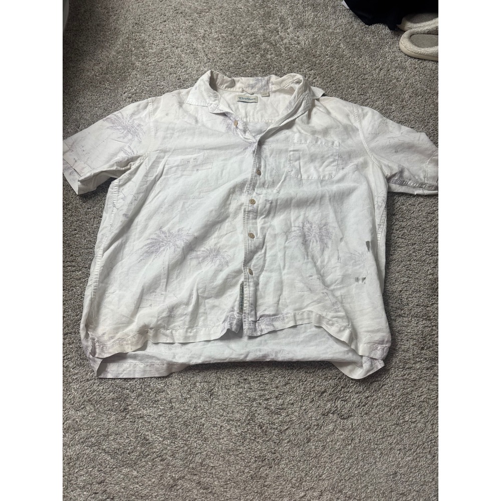 Caribbean Mens XL Linen Cotton Palm Tree Tropical Short Sleeve Button Down Shirt